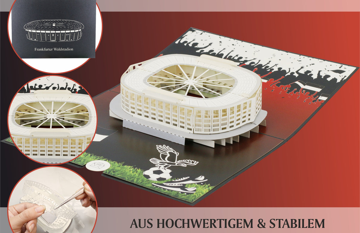 Aufgeklappte Pop-up-Karte mit dem Frankfurter Waldstadion, dazu Detailansichten der Kartenvorderseite, des Stadions und der Handarbeit mit dem Text aus hochwertigem und stabilem Feinpapier hergestellt.