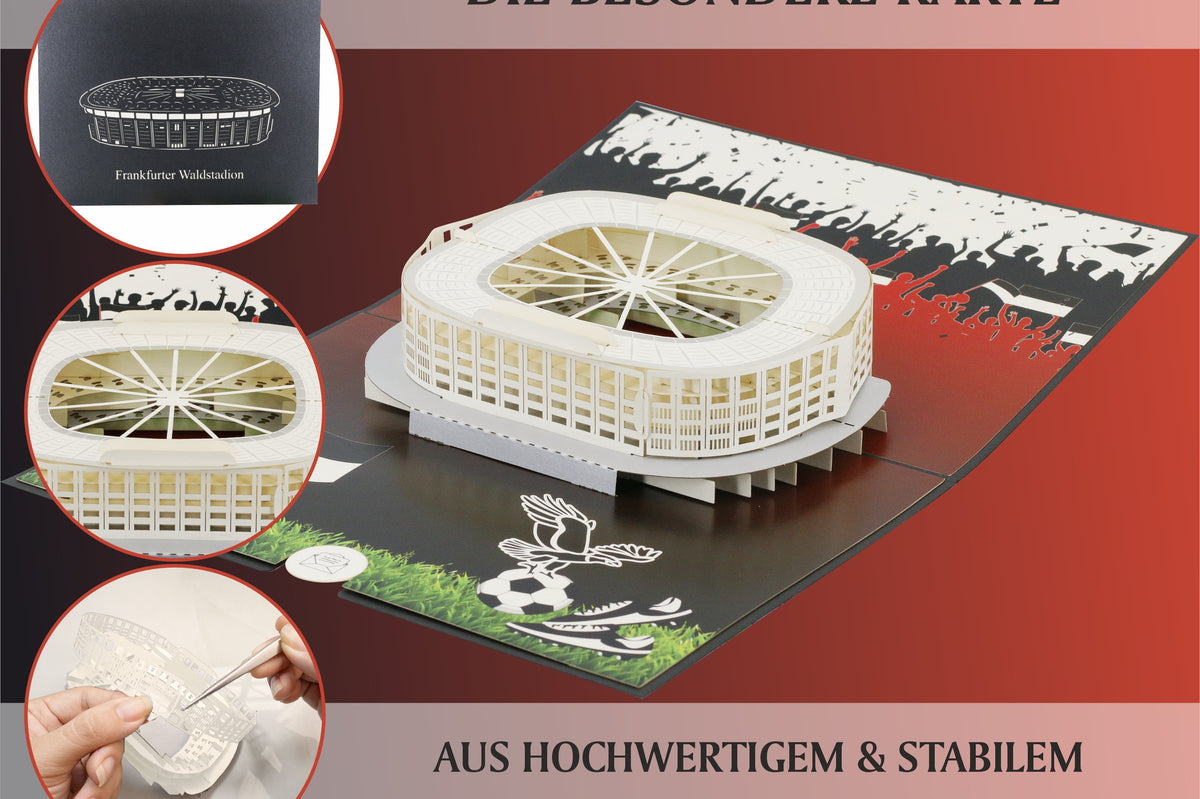 pop up karte frankfurter waldstadion mit schwarzem cover, adler und fußball