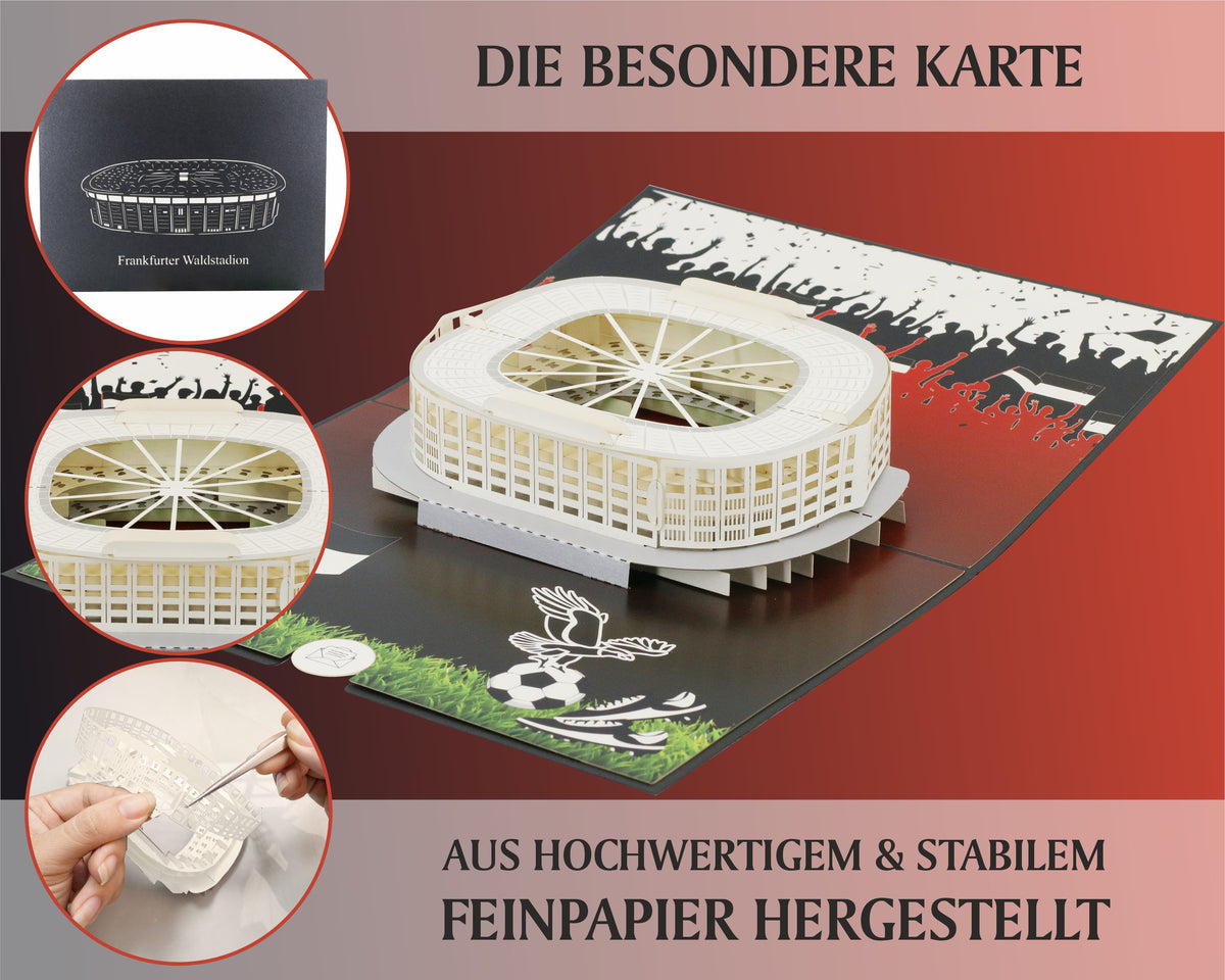 pop up karte frankfurter waldstadion mit schwarzem cover, adler und fußball