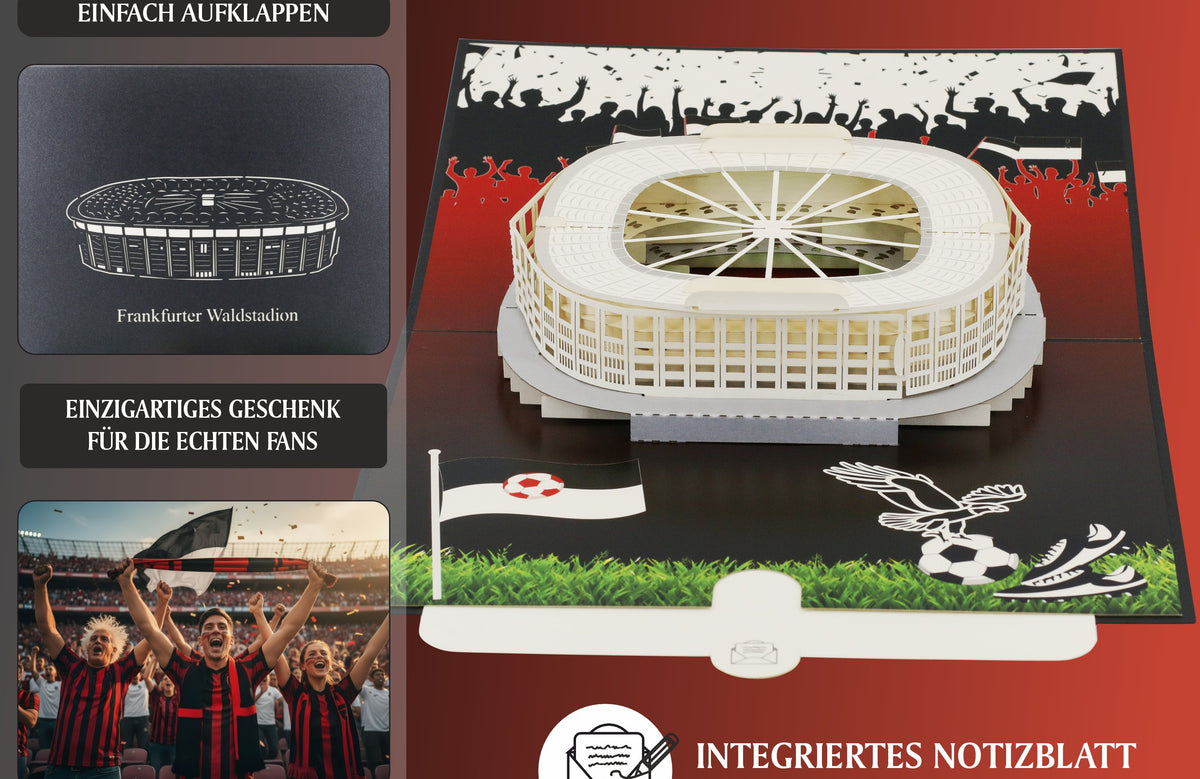 Aufgeklappte Pop-up-Karte mit dem Frankfurter Waldstadion, daneben die Kartenvorderseite mit Stadion-Scherenschnitt, jubelnde Fans und die Hinweise einfach aufklappen, einzigartiges Geschenk für die echten Fans und integriertes Notizblatt zum Beschriften.