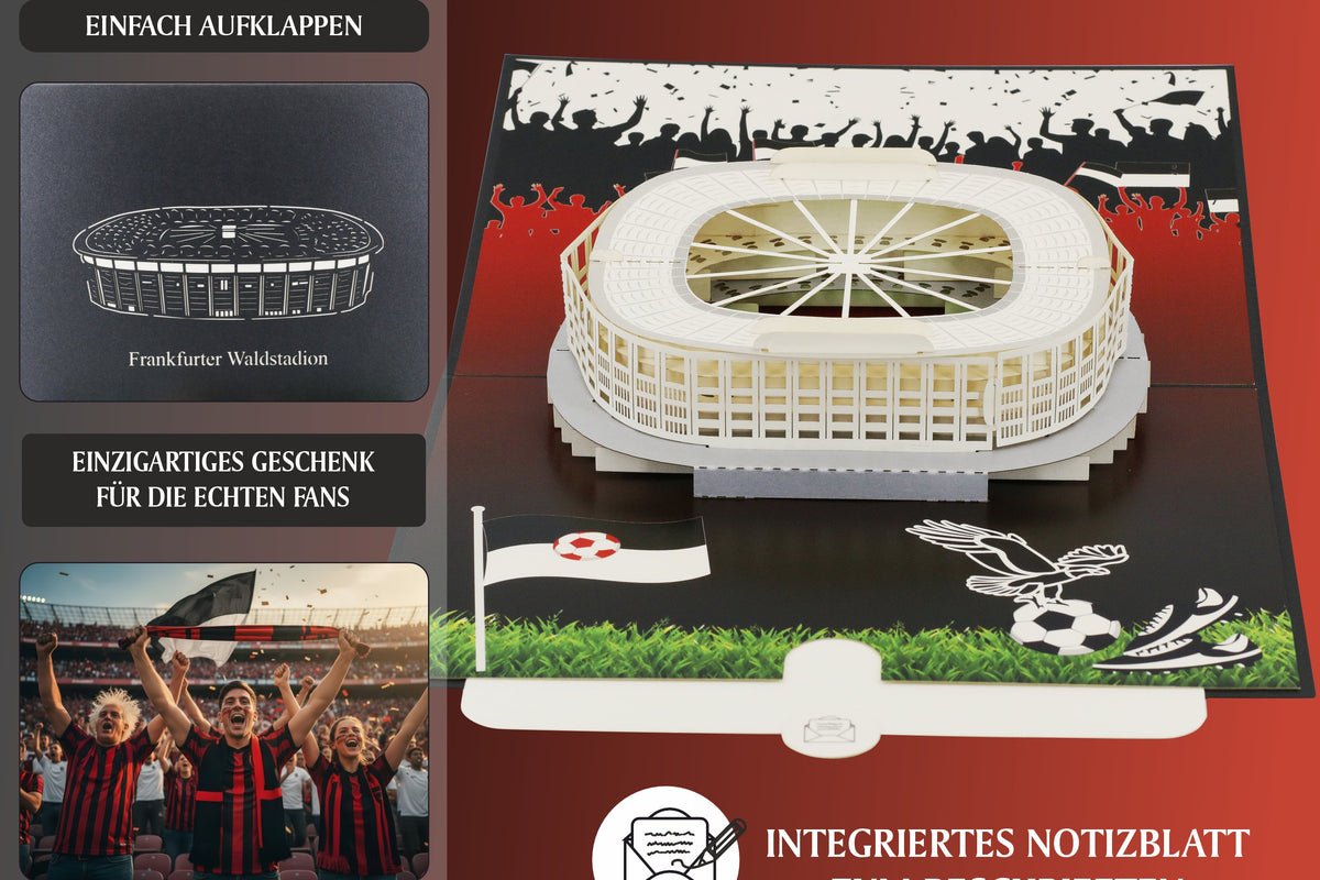 klappkarte stadion frankfurt mit fußball, flagge und adler