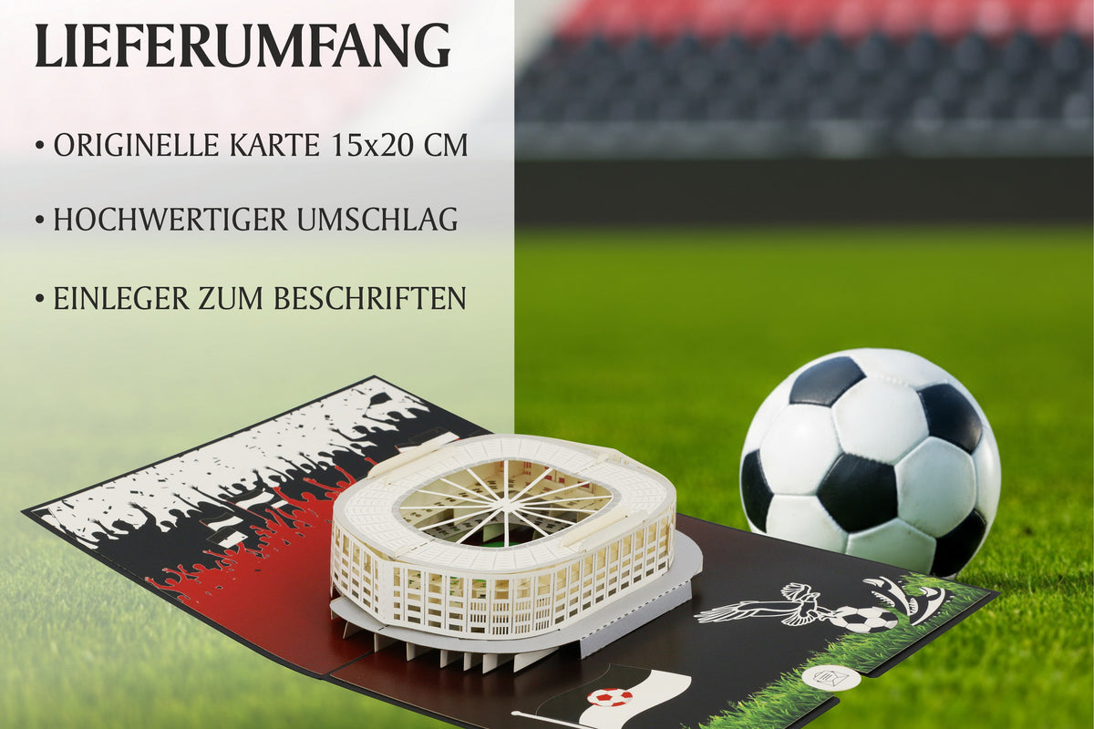 pop up karte stadion frankfurt mit fußball auf dem fußballfeld