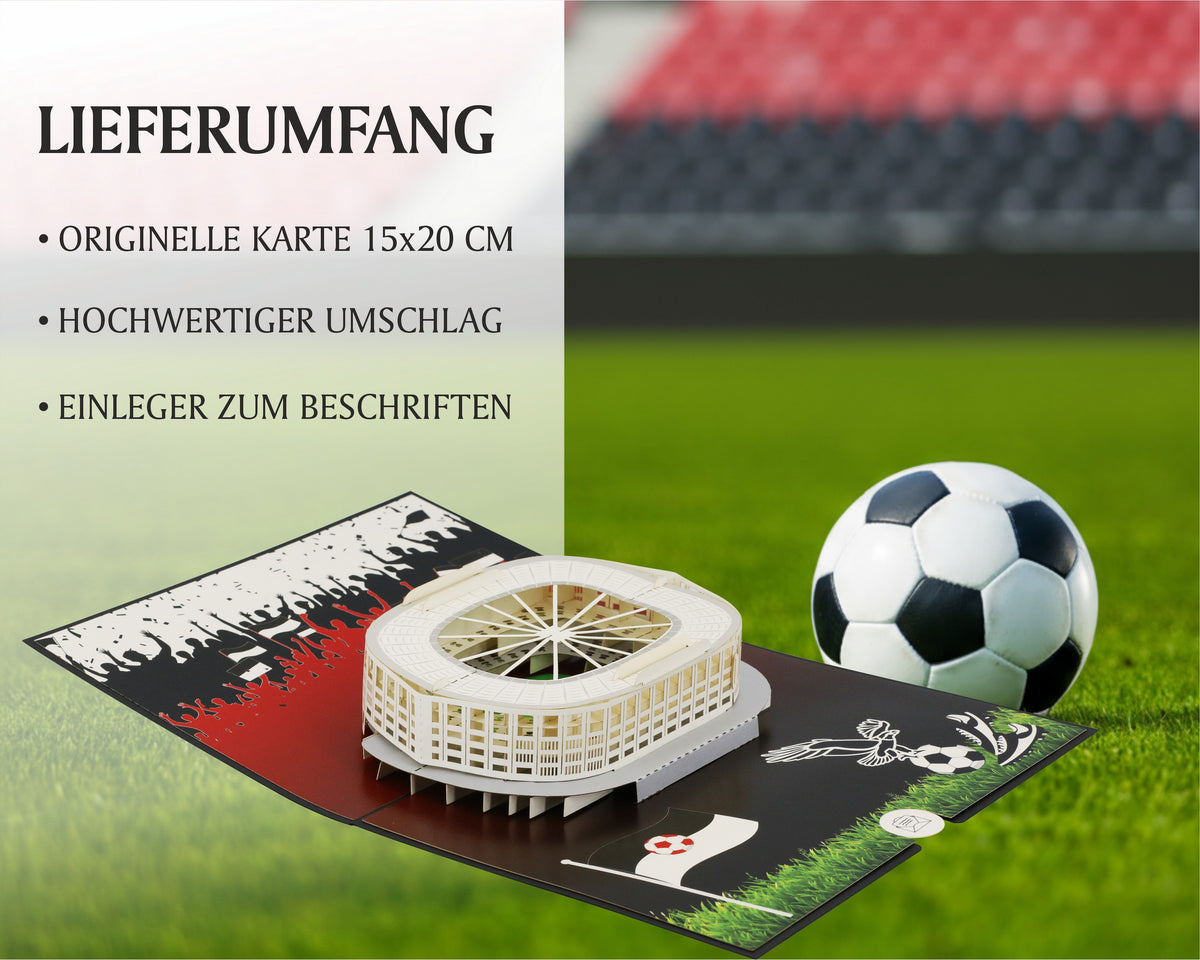 pop up karte stadion frankfurt mit fußball auf dem fußballfeld