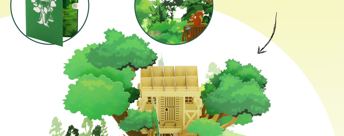 Aufgeklappte Pop-up-Karte mit Baumhaus im Wald, dazu die Hinweise problemlos aufklappbar, filigran und präzise gearbeitet sowie hochwertiges und stabiles Feinpapier.