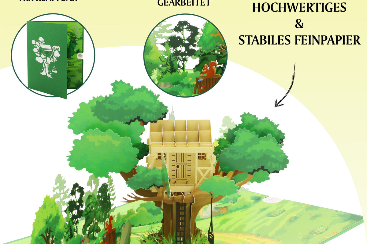 Aufgeklappte Pop-up-Karte mit Baumhaus im Wald, dazu die Hinweise problemlos aufklappbar, filigran und präzise gearbeitet sowie hochwertiges und stabiles Feinpapier.