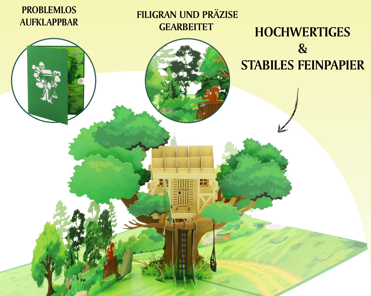 Aufgeklappte Pop-up-Karte mit Baumhaus im Wald, dazu die Hinweise problemlos aufklappbar, filigran und präzise gearbeitet sowie hochwertiges und stabiles Feinpapier.