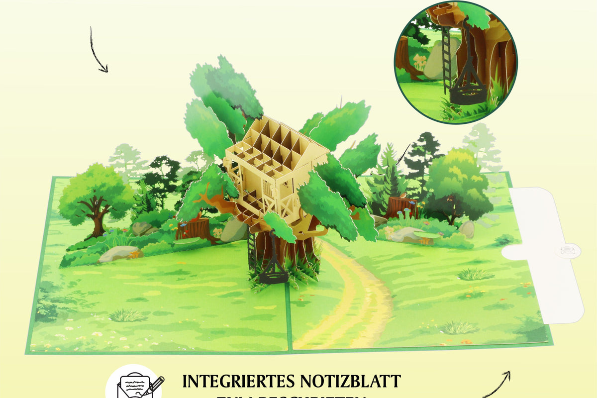 grüne pop up karte mit einem Baumhaus auf der Wiese, einer Reifenschaukel und einem Wald mit Tieren