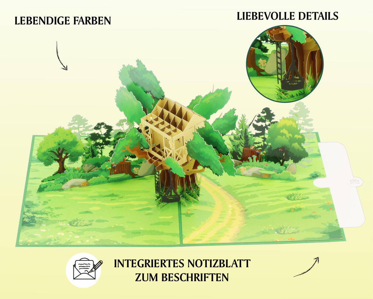 grüne pop up karte mit einem Baumhaus auf der Wiese, einer Reifenschaukel und einem Wald mit Tieren