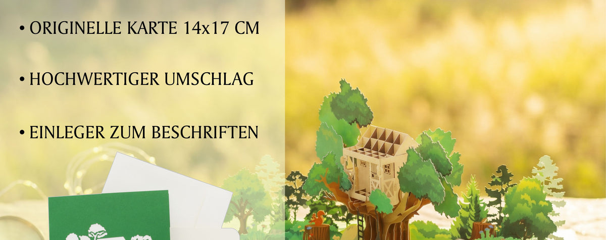 Lieferumfang der Baumhaus Pop-up-Karte: originelle Karte 14x17 cm, hochwertiger Umschlag und Einleger zum Beschriften.