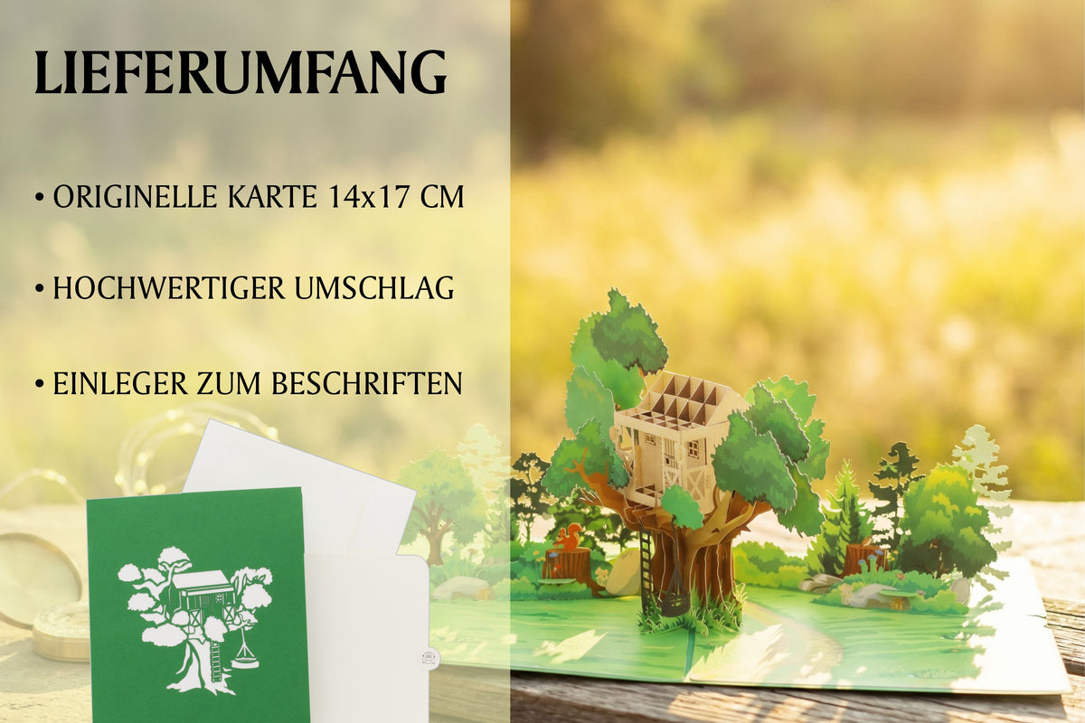Lieferumfang der Baumhaus Pop-up-Karte: originelle Karte ca. 14x17 cm, hochwertiger Umschlag und Einleger zum Beschriften.