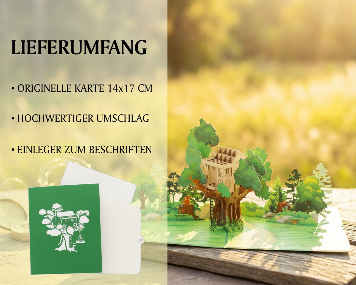 Lieferumfang der Baumhaus Pop-up-Karte: originelle Karte ca. 14x17 cm, hochwertiger Umschlag und Einleger zum Beschriften.