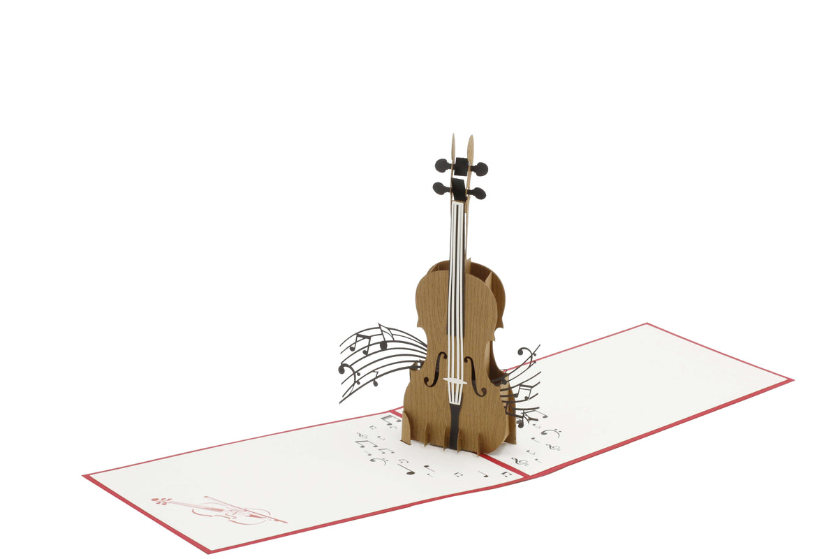 Aufgeklappte Pop-up-Karte mit rotem Rand und einem hölzernen Cello mit Notenzeichen.