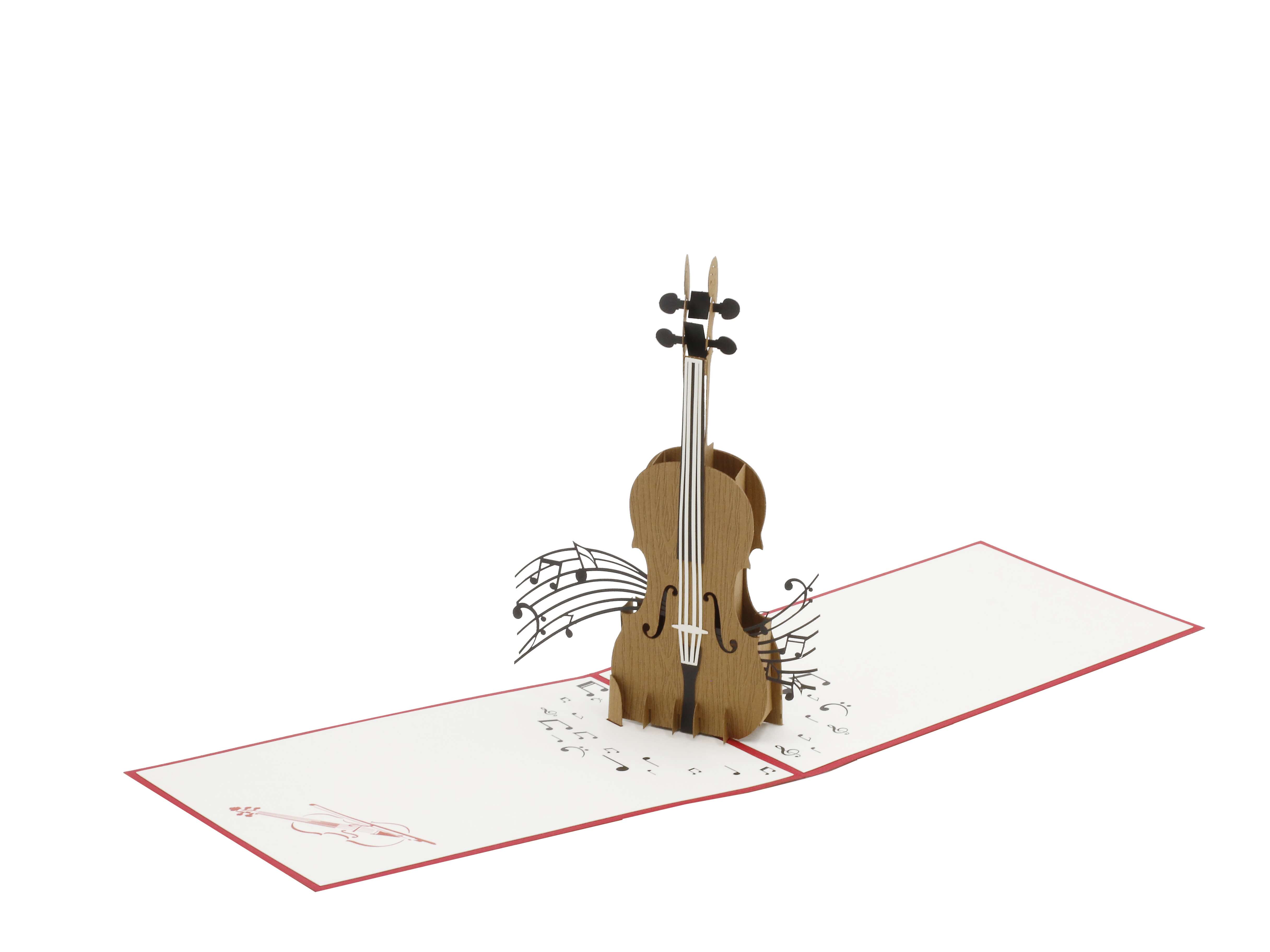 Aufgeklappte Pop-up-Karte mit rotem Rand und einem hölzernen Cello mit Notenzeichen.