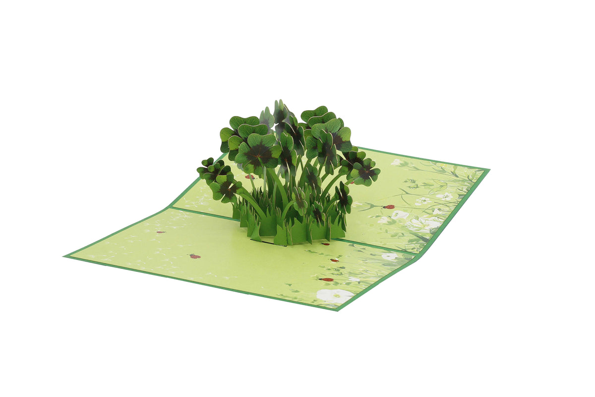 Aufgeklappte grüne Pop-up-Karte mit einem Büschel vierblättriger Kleeblätter auf einer Wiese mit Marienkäfern.