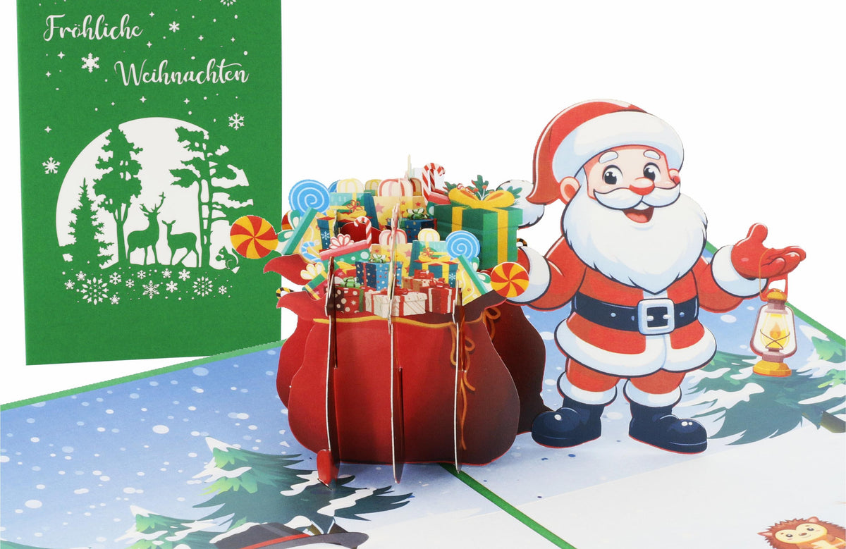 grüne pop up karte mit winterlandschaft und fröhlich weihnachten. Nikolaus mit sack voller geschenke