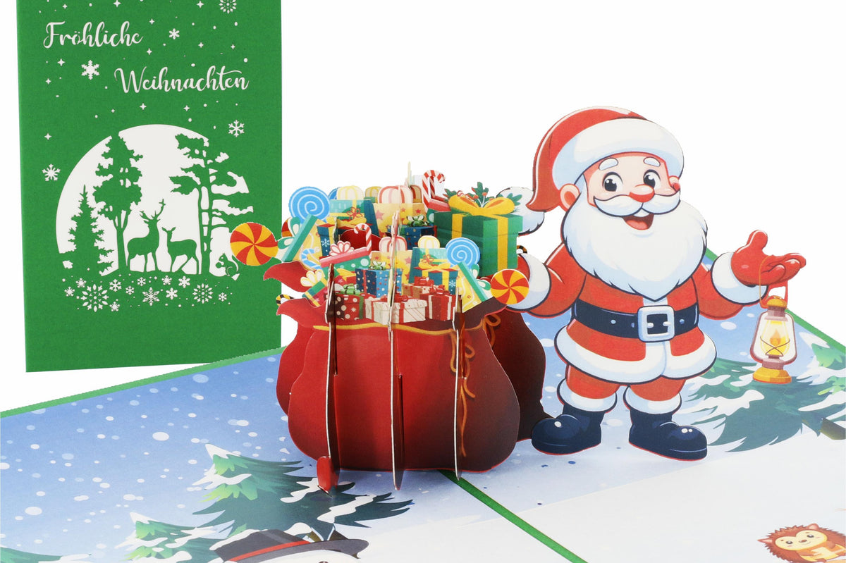 grüne pop up karte mit winterlandschaft und fröhlich weihnachten. Nikolaus mit sack voller geschenke