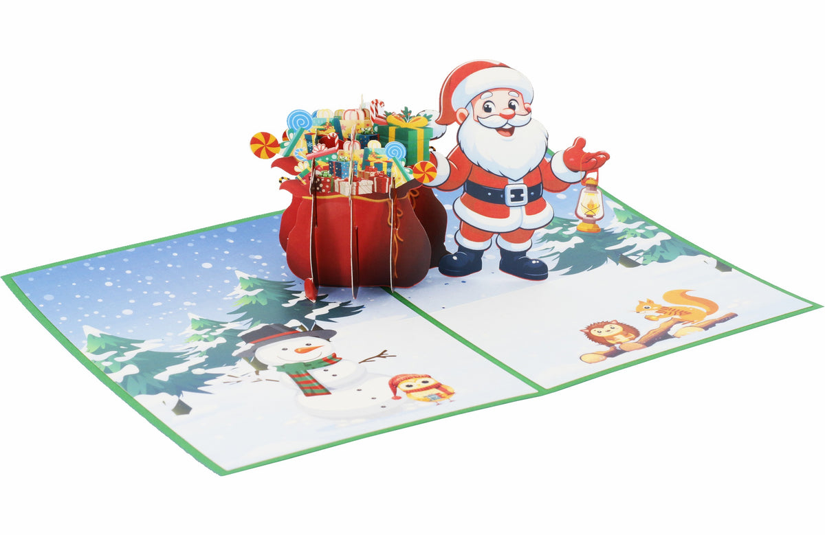 Klappkarte Nikolaus mit sack voller geschenke und einer winterlandschaft
