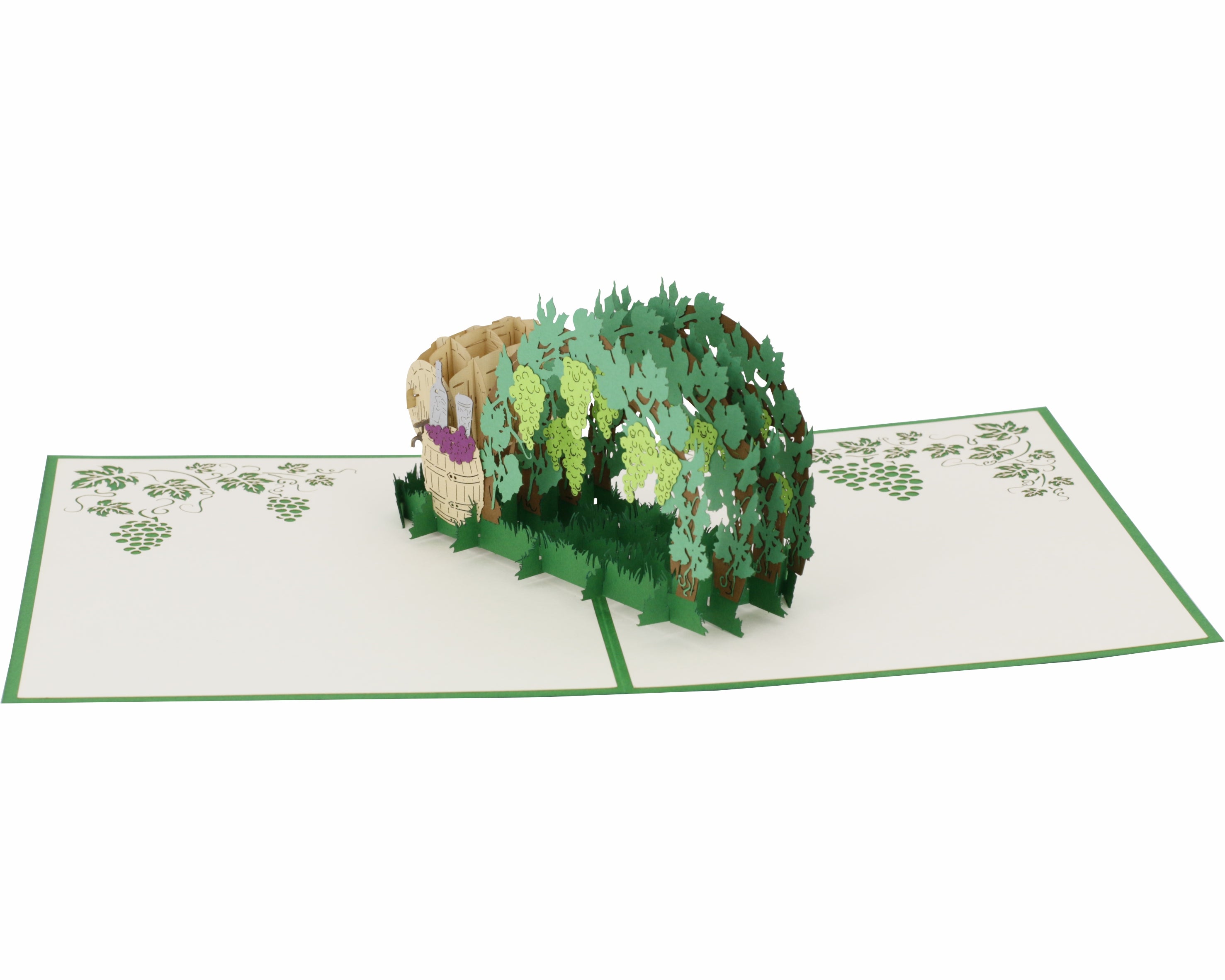 Aufgeklappte Pop-up-Karte mit Weinlaube und Weinfässern, schräg von oben fotografiert.