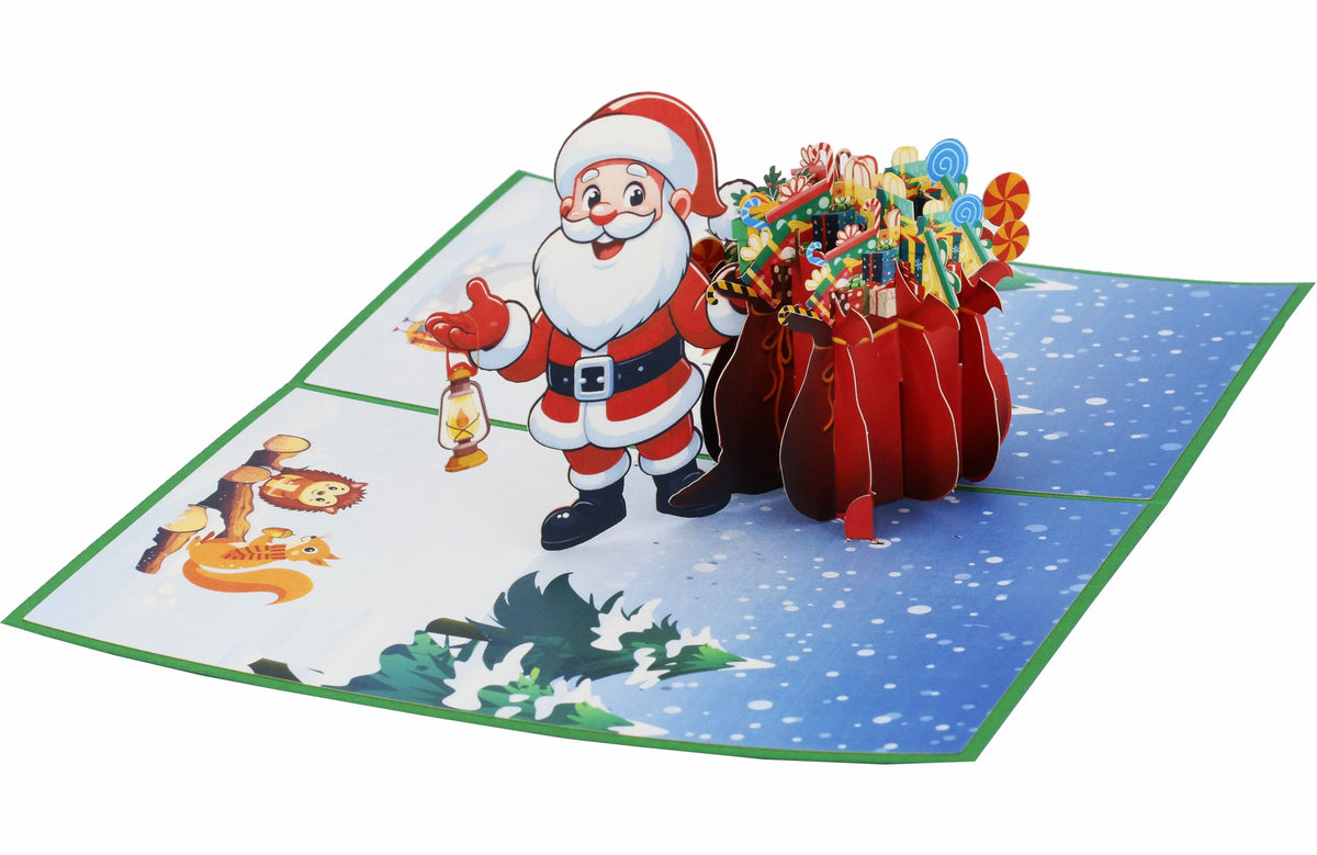 3d karte nikolaus mit geschenken und einer verschneiten winterlichen landschaft mit tieren