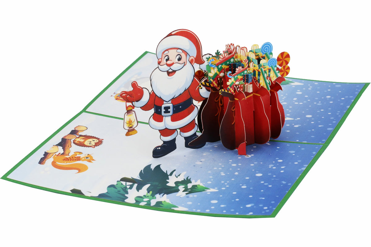 3d karte nikolaus mit geschenken und einer verschneiten winterlichen landschaft mit tieren