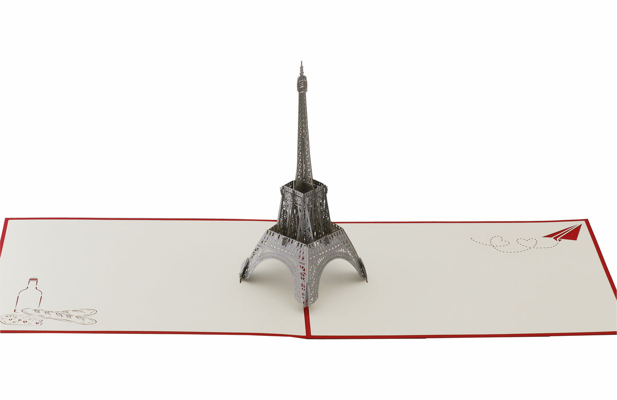 Aufgeklappte Pop-up-Karte mit Eiffelturm, frontal von vorne fotografiert.
