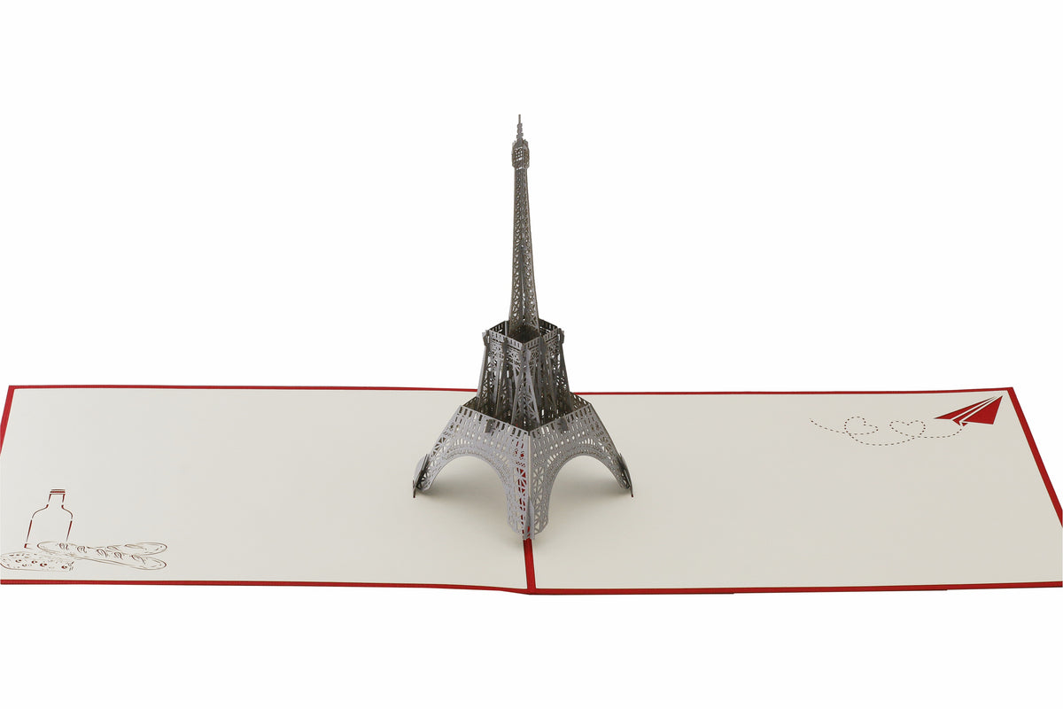 Aufgeklappte Pop-up-Karte mit Eiffelturm, frontal von vorne fotografiert.