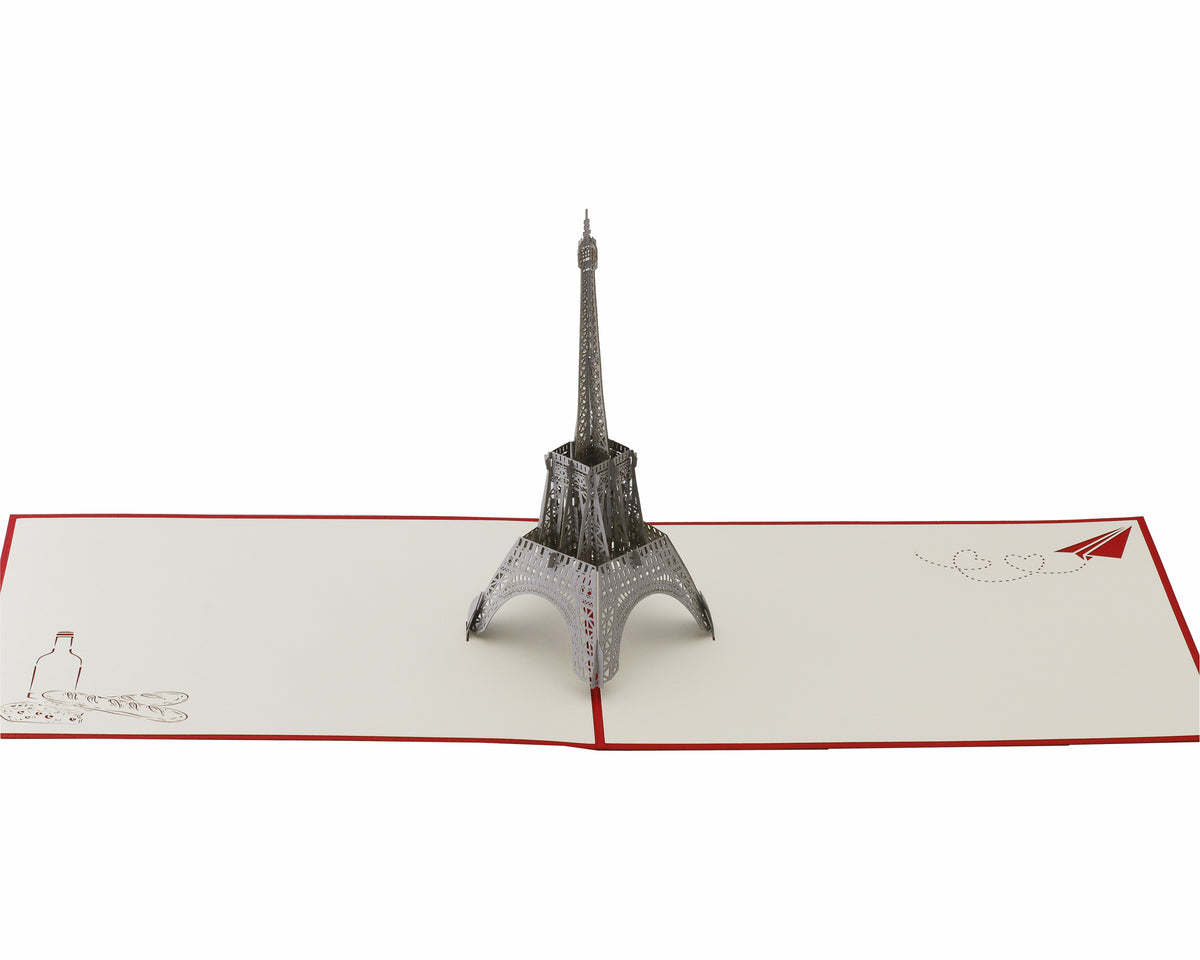 Aufgeklappte Pop-up-Karte mit Eiffelturm, frontal von vorne fotografiert.