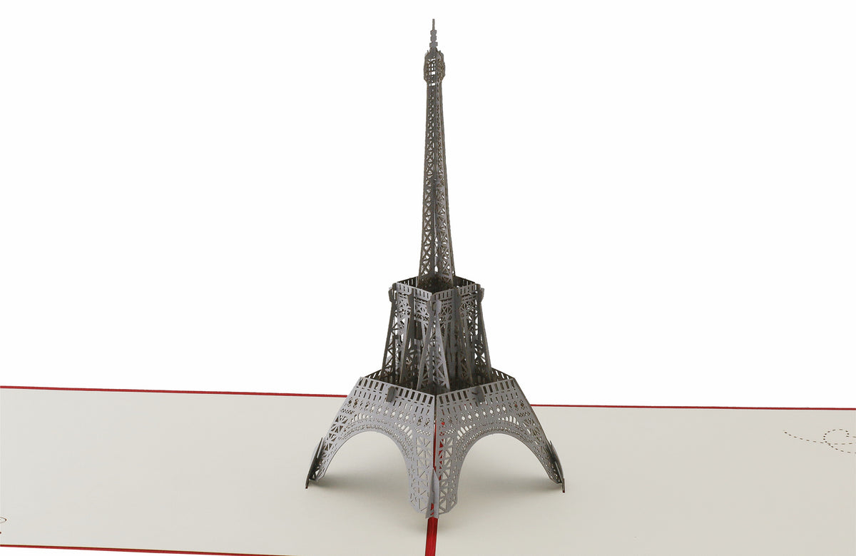 Nahaufnahme der aufgeklappten Pop-up-Karte mit dem filigranen Eiffelturm.