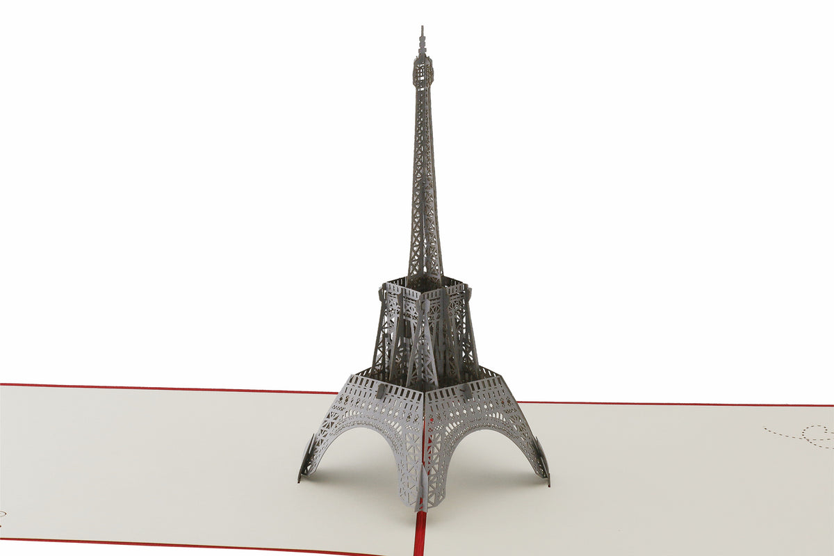 Nahaufnahme der aufgeklappten Pop-up-Karte mit dem filigranen Eiffelturm.