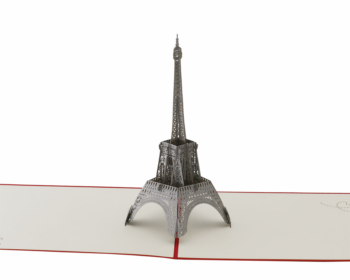Nahaufnahme der aufgeklappten Pop-up-Karte mit dem filigranen Eiffelturm.