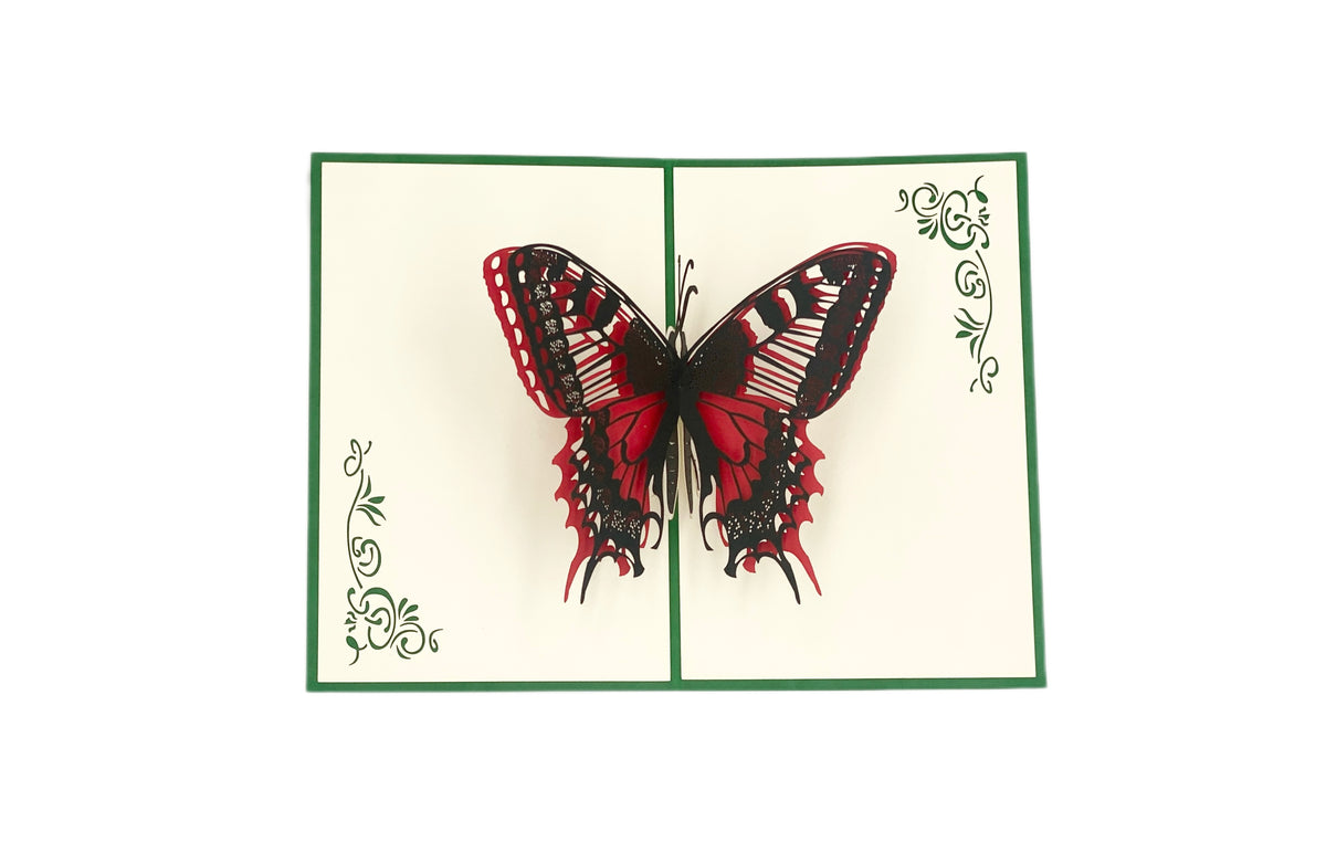Aufgeklappte Pop-up-Karte mit grünem Rand und einem rot-schwarzen Schmetterling mit ausgebreiteten Flügeln.