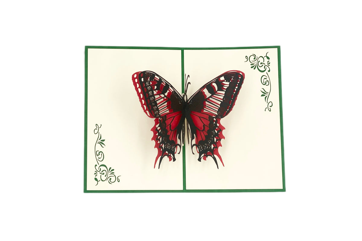 Aufgeklappte Pop-up-Karte mit grünem Rand und einem rot-schwarzen Schmetterling mit ausgebreiteten Flügeln.