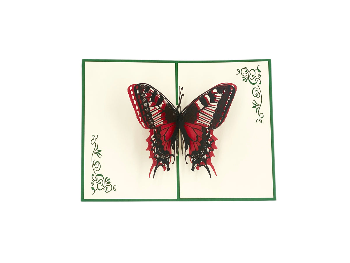 Aufgeklappte Pop-up-Karte mit grünem Rand und einem rot-schwarzen Schmetterling mit ausgebreiteten Flügeln.