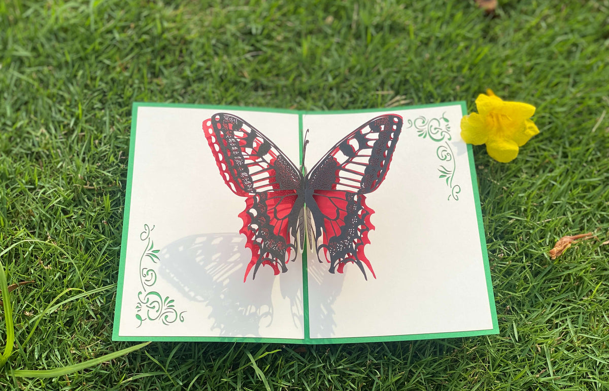 Pop up karte mit rot und schwarzem Schmetterling auf einer grünen Wiese