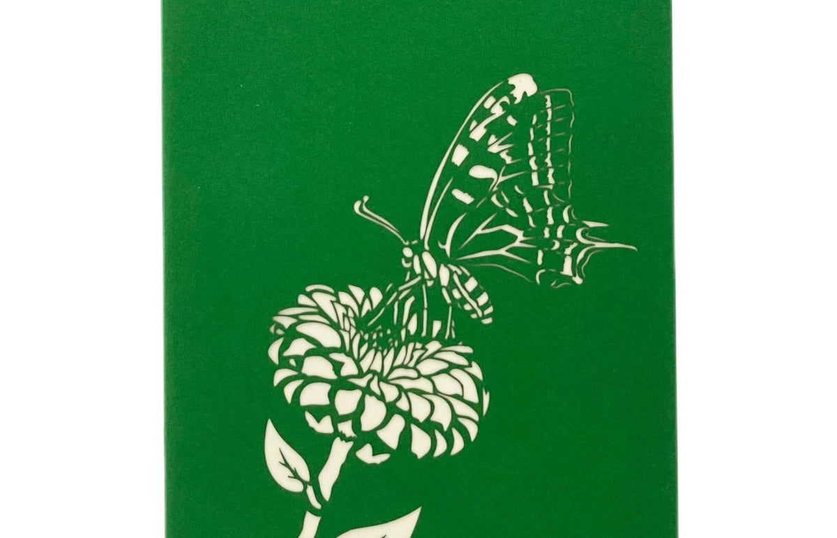 gruene pop up karte mit Schmetterling der auf einer bluete landet