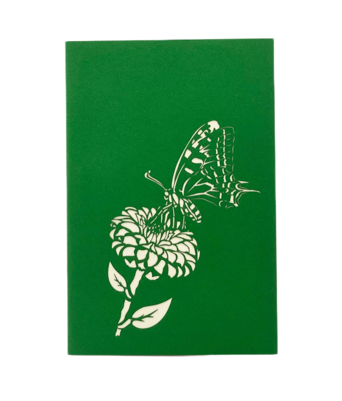 gruene pop up karte mit Schmetterling der auf einer bluete landet