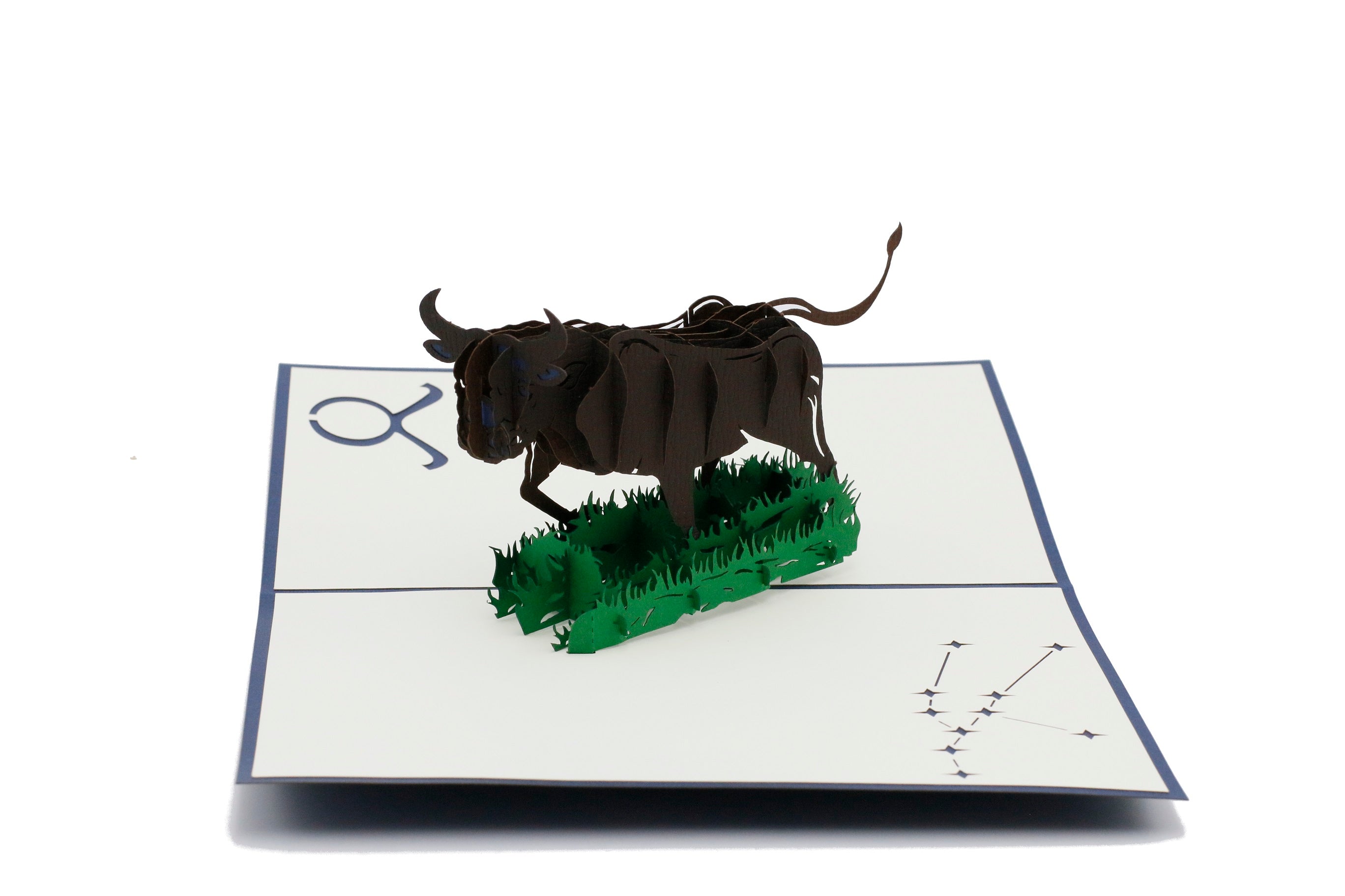 Aufgeklappte Pop-up-Karte mit dunkelblauem Rand und einem dunkelbraunen Stier auf grünem Gras, daneben Symbol und Sternbild Stier.