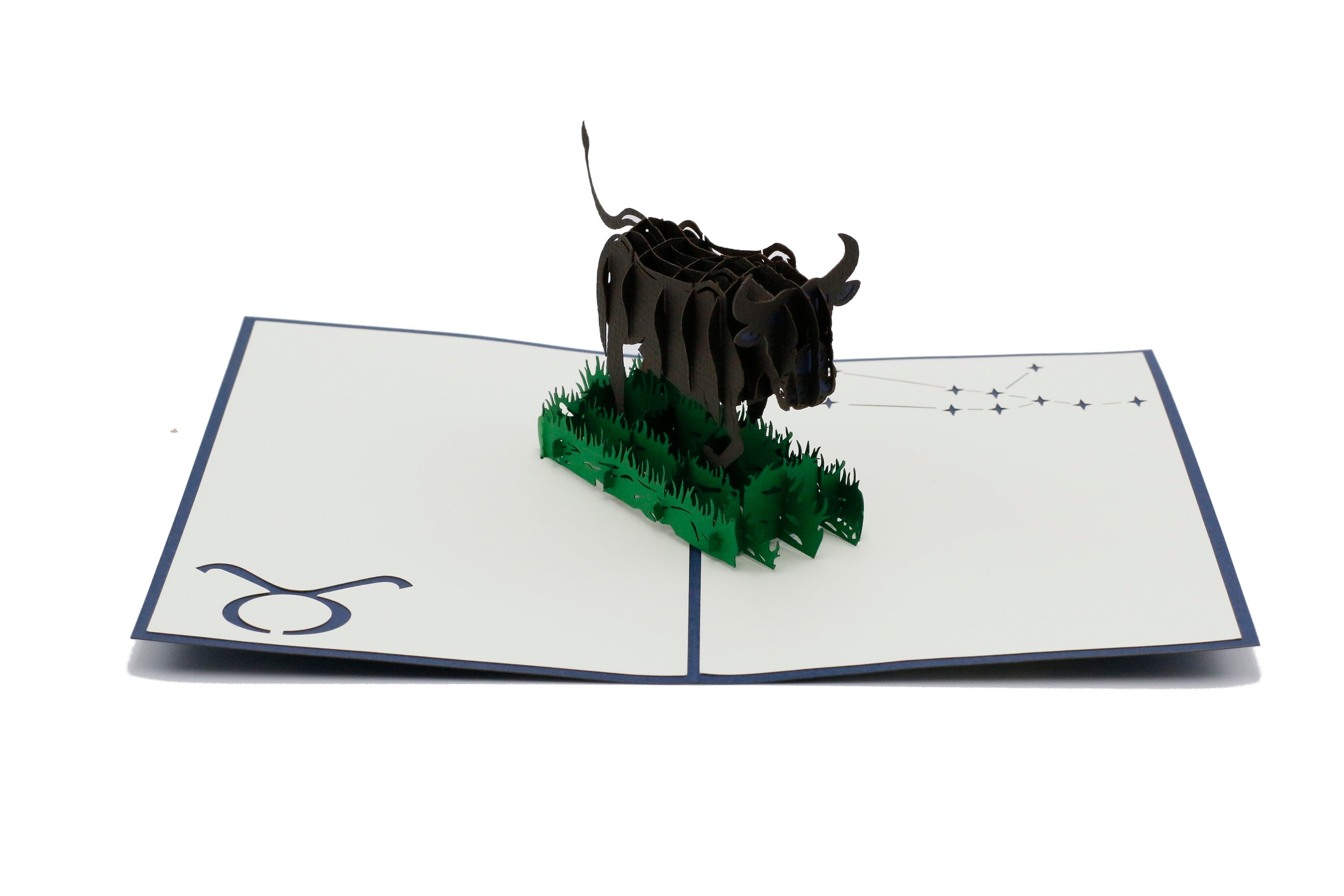 Aufgeklappte Pop-up-Karte mit einem Stier aus Papier, schräg von der Seite fotografiert.