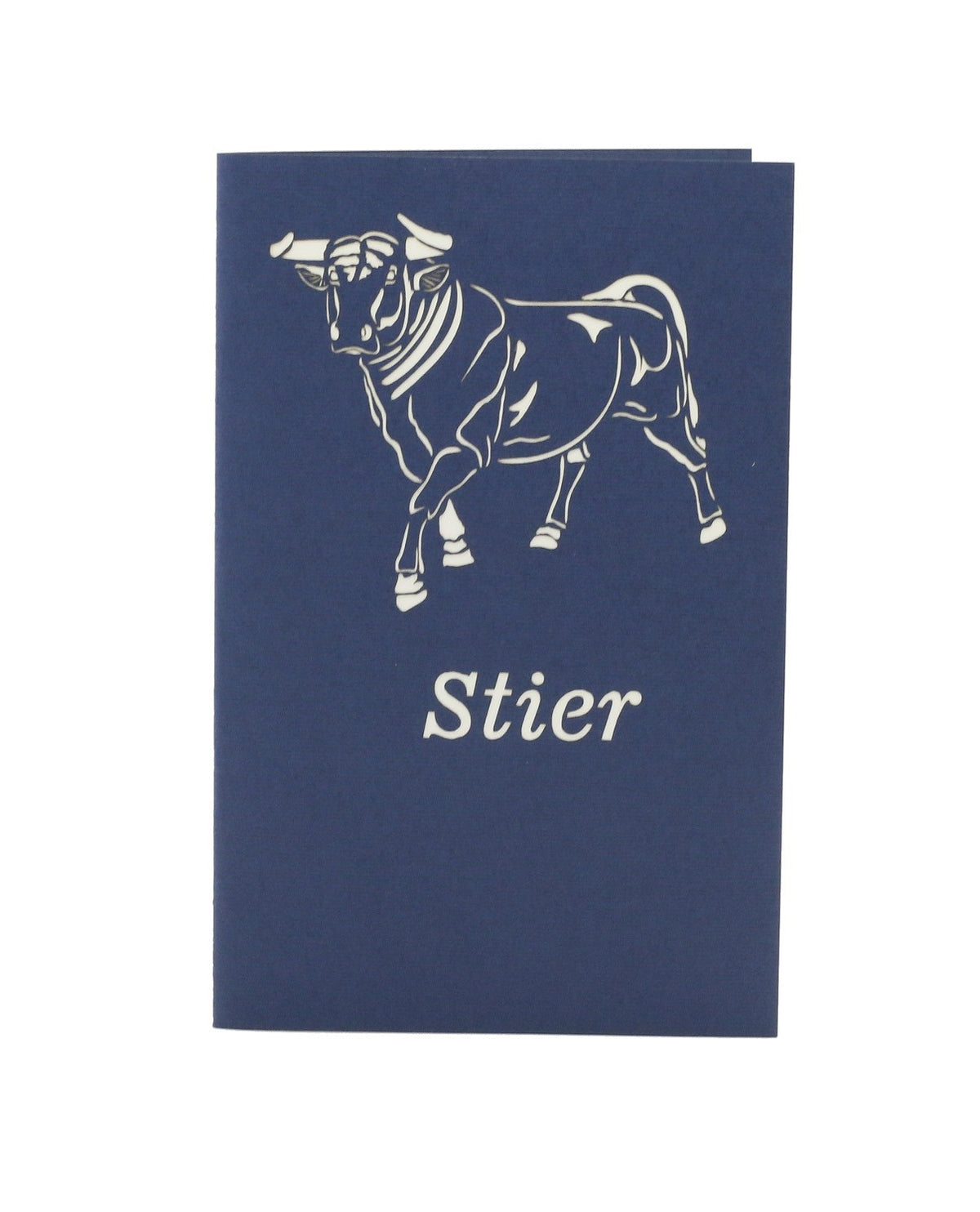 Dunkelblaue Kartenvorderseite mit einem Stier als Scherenschnitt und dem Schriftzug Stier.