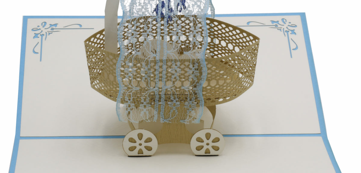 pop up karte mit stubenwagen in blau und baby