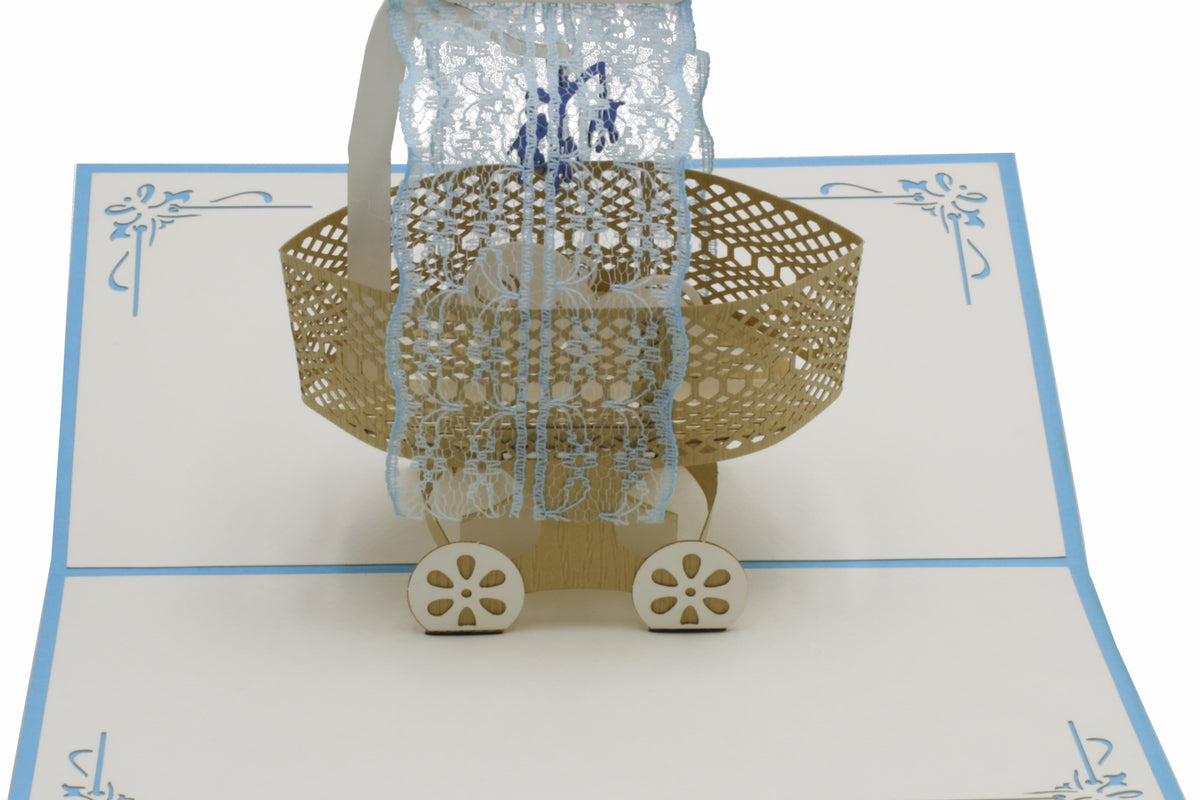 pop up karte mit stubenwagen in blau und baby