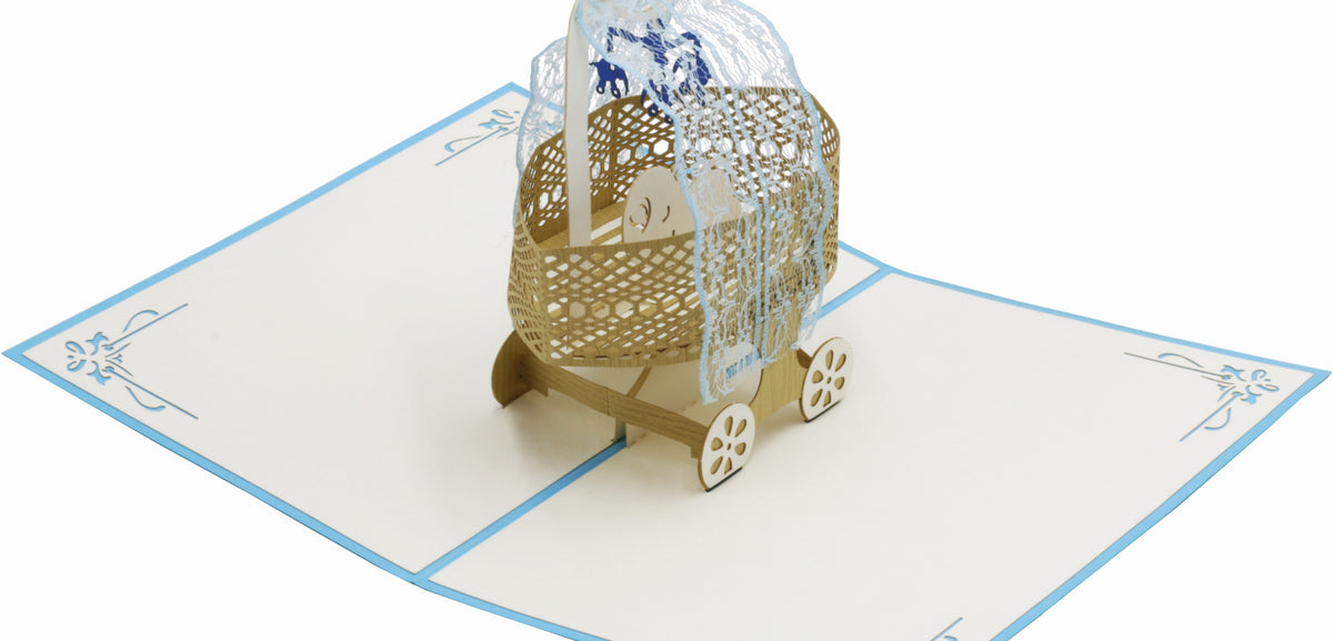 pop up karte mit stubenwagen in blau und baby und elefanten mobile