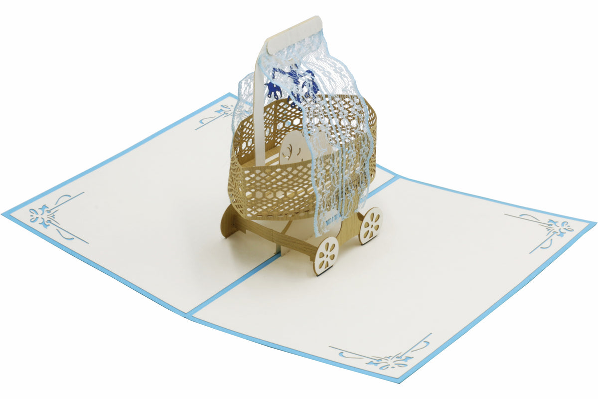 pop up karte mit stubenwagen in blau und baby und elefanten mobile
