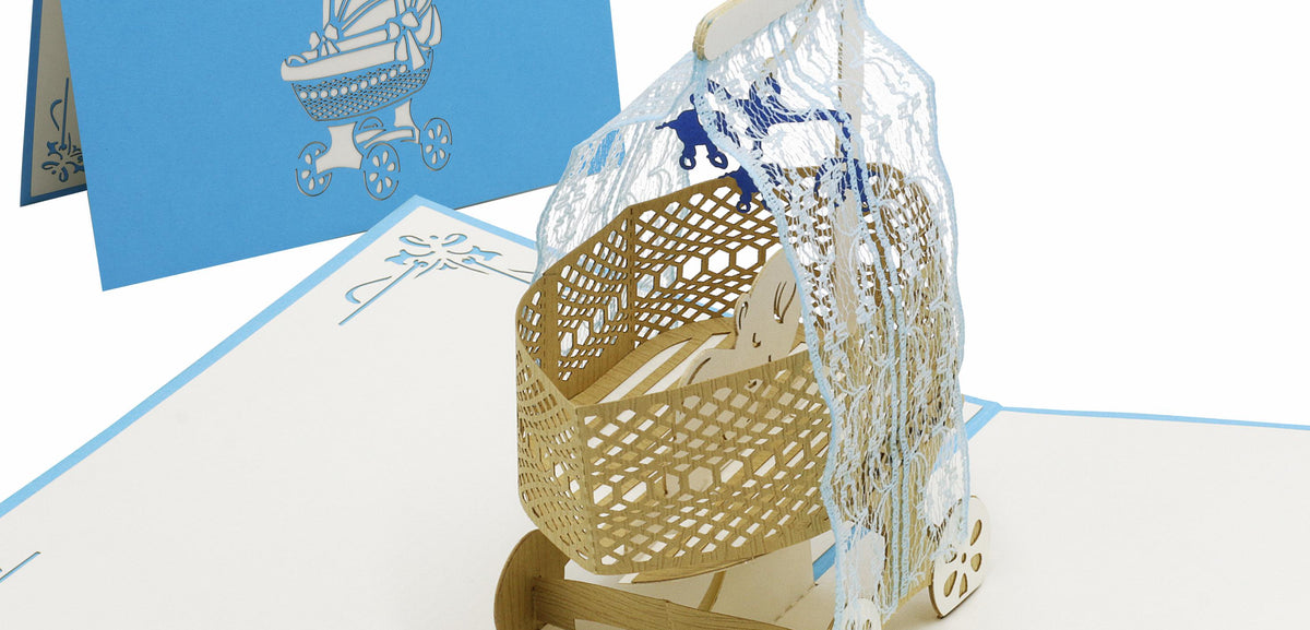 3d karte mit stubenwagen in blau und baby und elefanten mobile