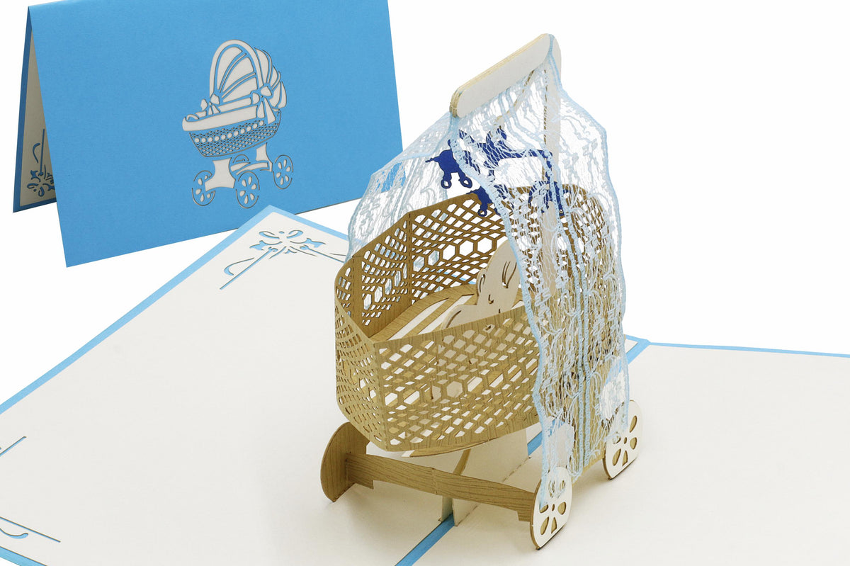 3d karte mit stubenwagen in blau und baby und elefanten mobile