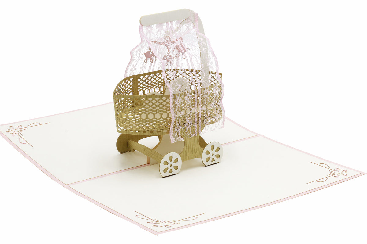 karte mit stubenwagen in rosa und baby