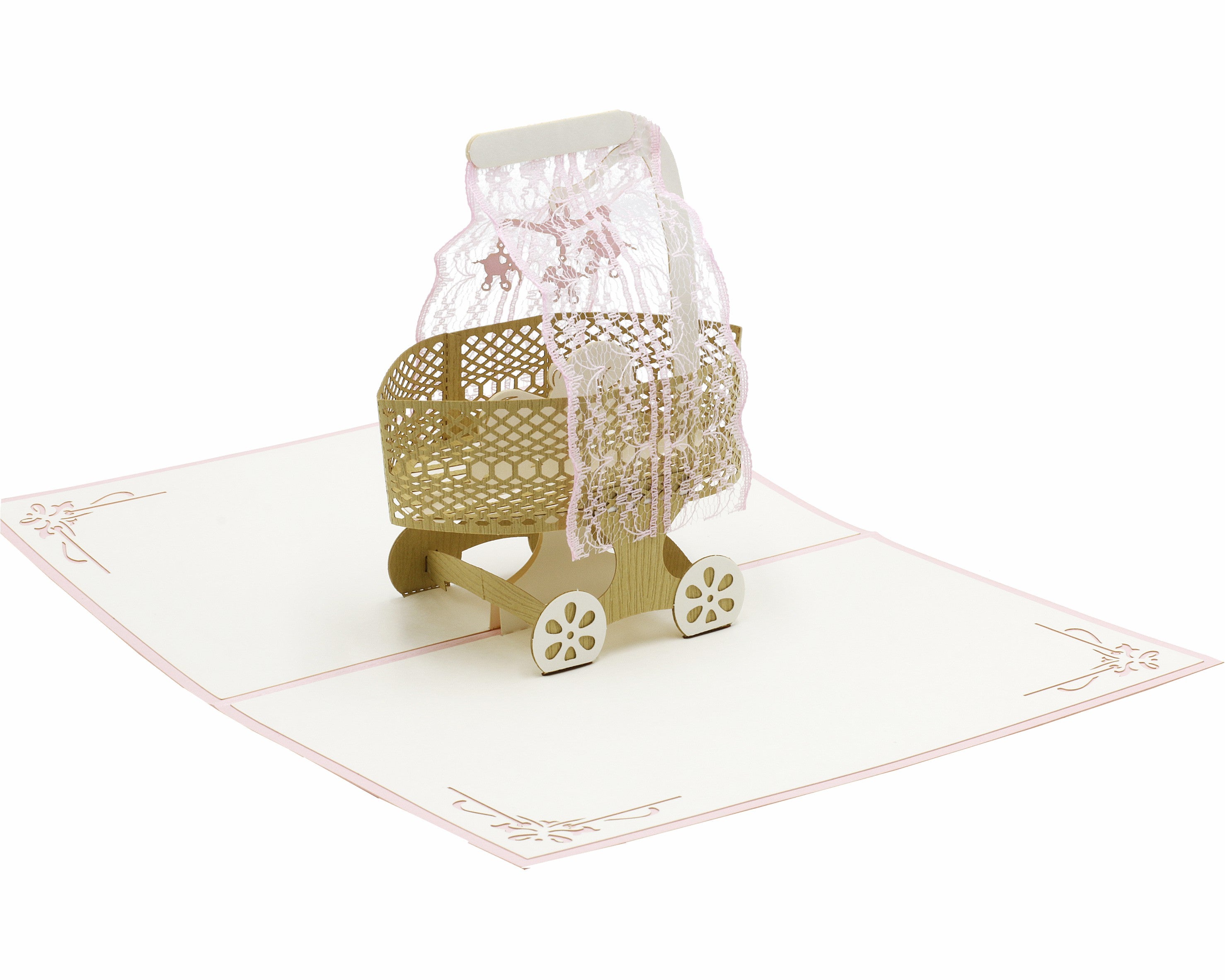 karte mit stubenwagen in rosa und baby