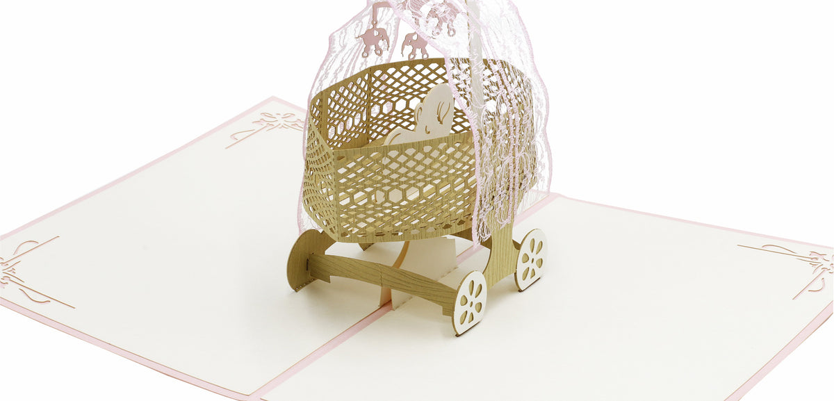pop up karte mit stubenwagen in rosa und baby und elefanten mobile