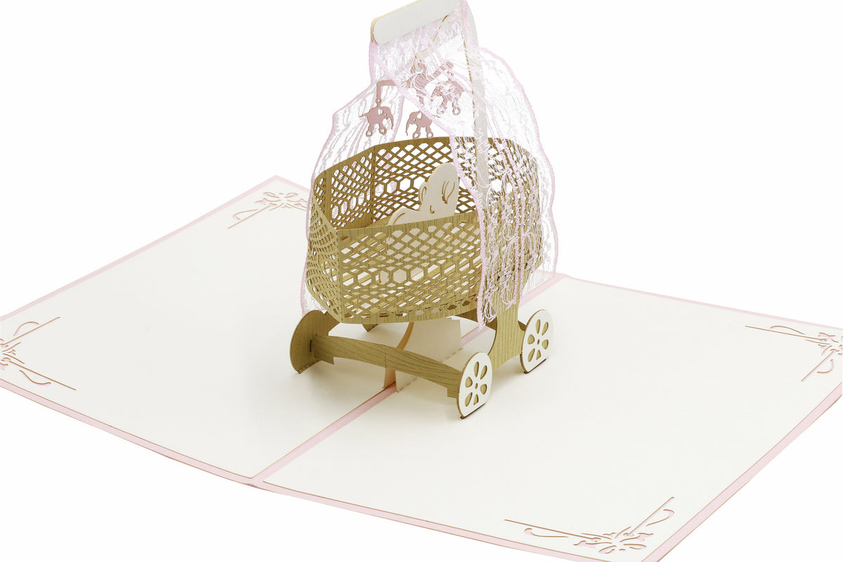 pop up karte mit stubenwagen in rosa und baby und elefanten mobile
