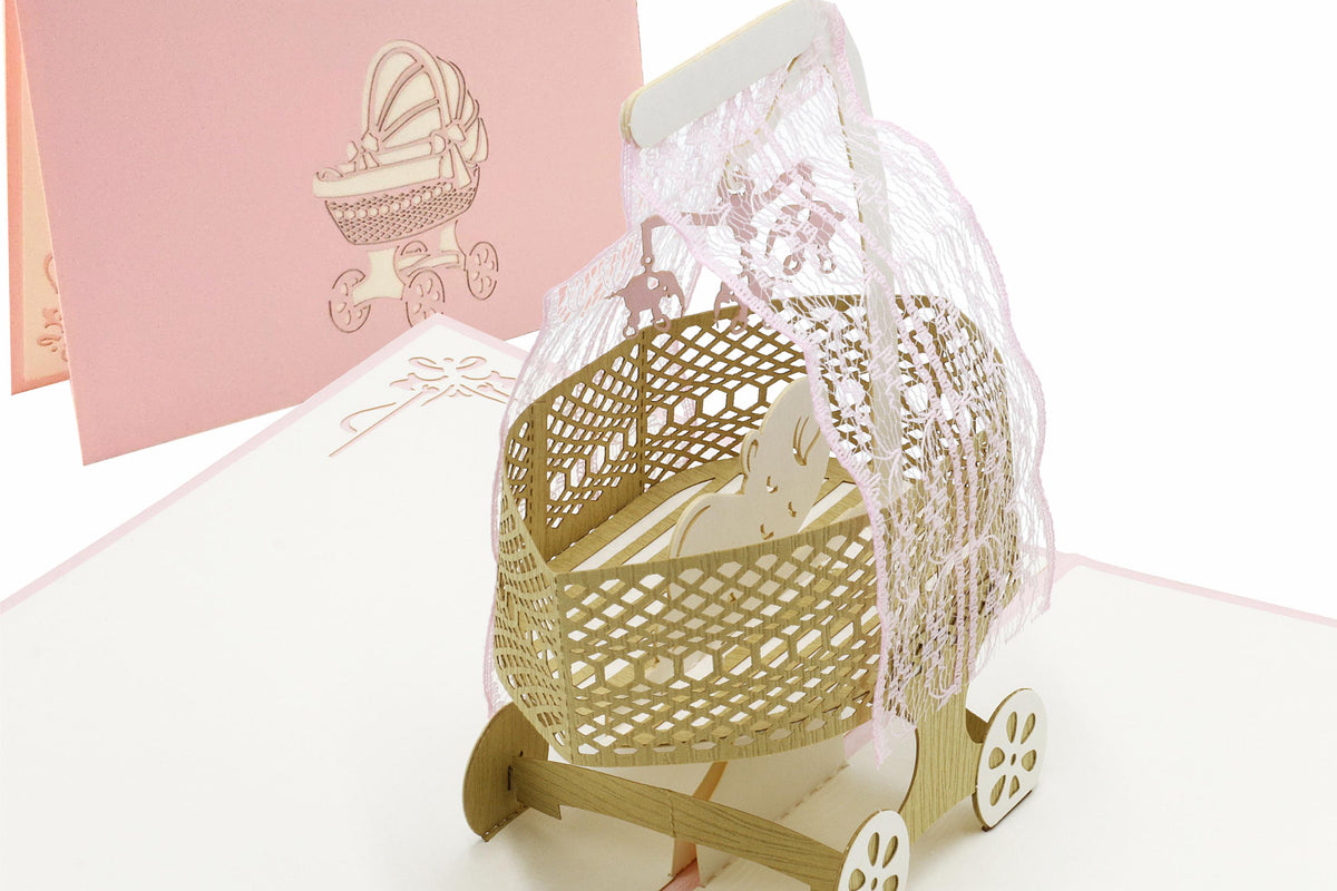 3d karte mit stubenwagen in rosa und baby und elefanten mobile